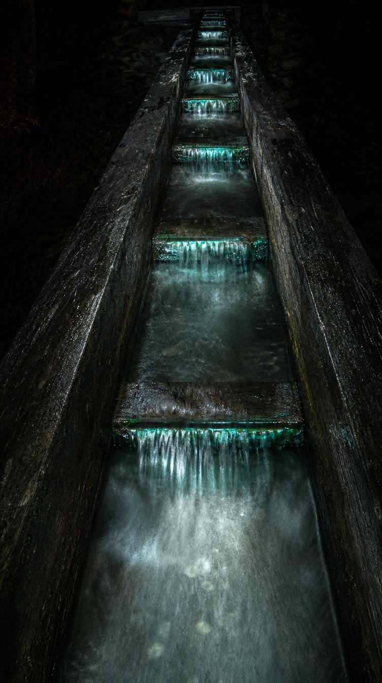 Looking down a timber moxcrew at night, water running toward the camera
